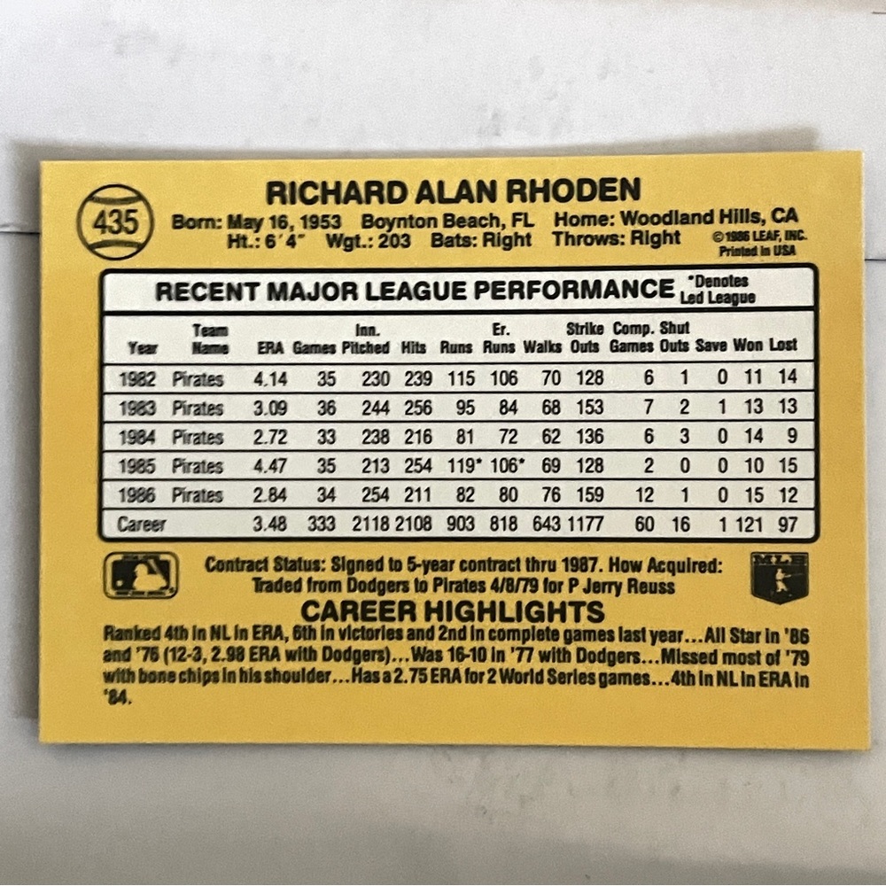 1987 Donruss - Rick Rhoden #435 Pittsburgh Pirates LEAF Near Mint Condition - Picture 4 of 4
